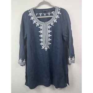 Saks Fifth Avenue 100% Linen Tunic Top XL Embroidered 3/4 Sleeve Navy Blue Boho‎